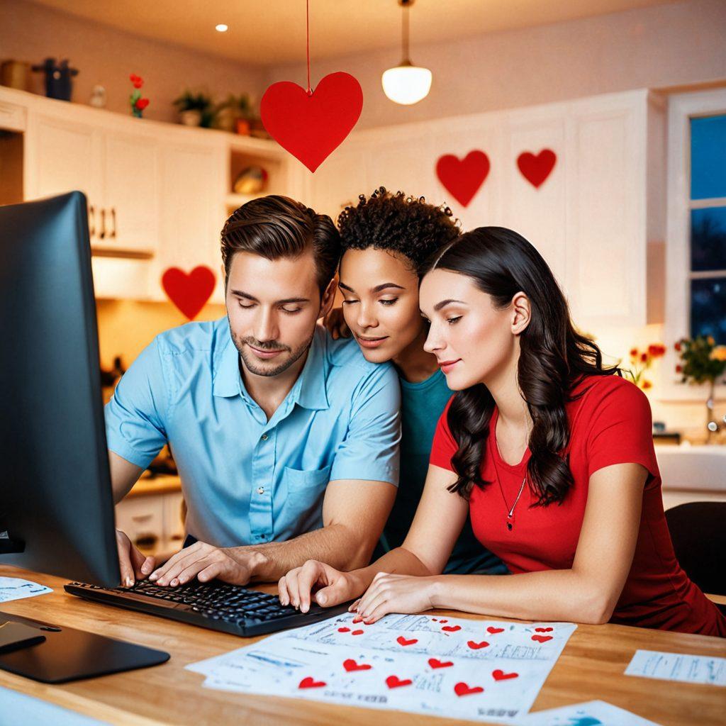 A thoughtful couple sitting together at a computer, exploring online love insurance options, surrounded by floating heart symbols, checklists, and financial graphs representing security and protection for their relationship. The scene conveys warmth, trust, and optimism, with a cozy home environment in the background. super-realistic. vibrant colors. soft lighting.