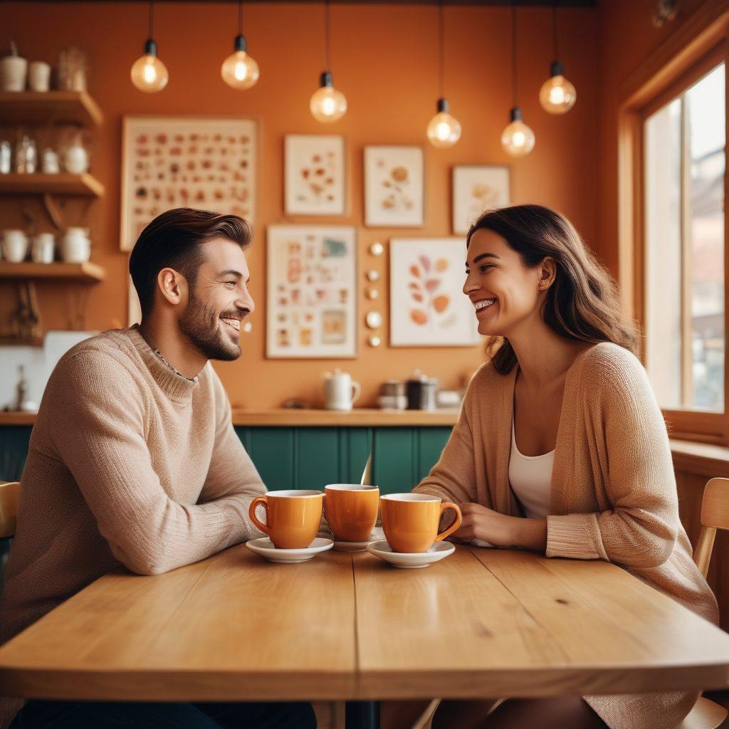 A cozy scene of a couple joyfully discussing insurance options over a cup of coffee at a stylish café, surrounded by floating icons representing various insurance types like health, life, and travel. Warm colors to convey affection and safety, with playful heart motifs subtly integrated. The atmosphere is inviting and relatable. super-realistic. vibrant colors. soft focus.