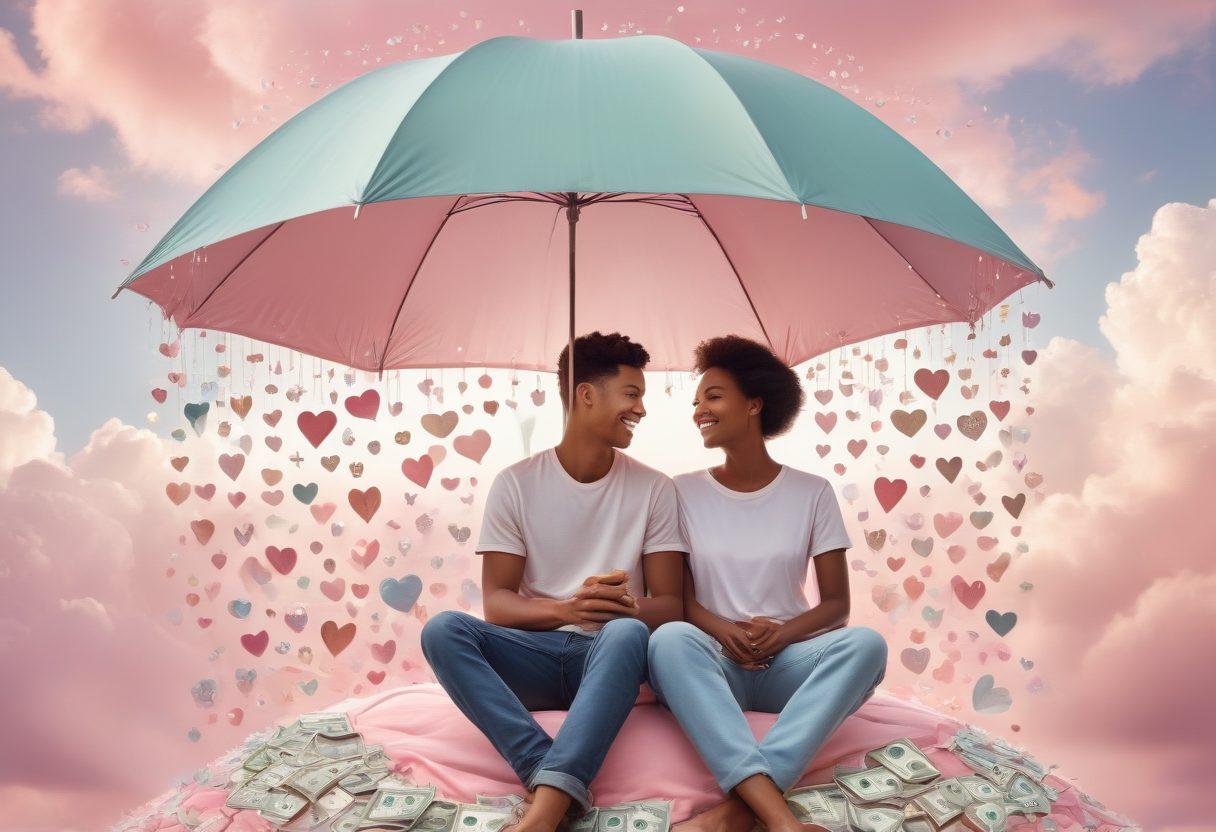 A couple sitting together under an umbrella made of heart shapes, surrounded by sparkling icons representing various love insurance benefits like protection, trust, and happiness. The background features soft clouds shaped like hearts and dollar signs symbolizing financial security. Their expressions are joyful and content, showcasing the peace of mind that comes from good coverage. pastel colors. whimsical illustration.